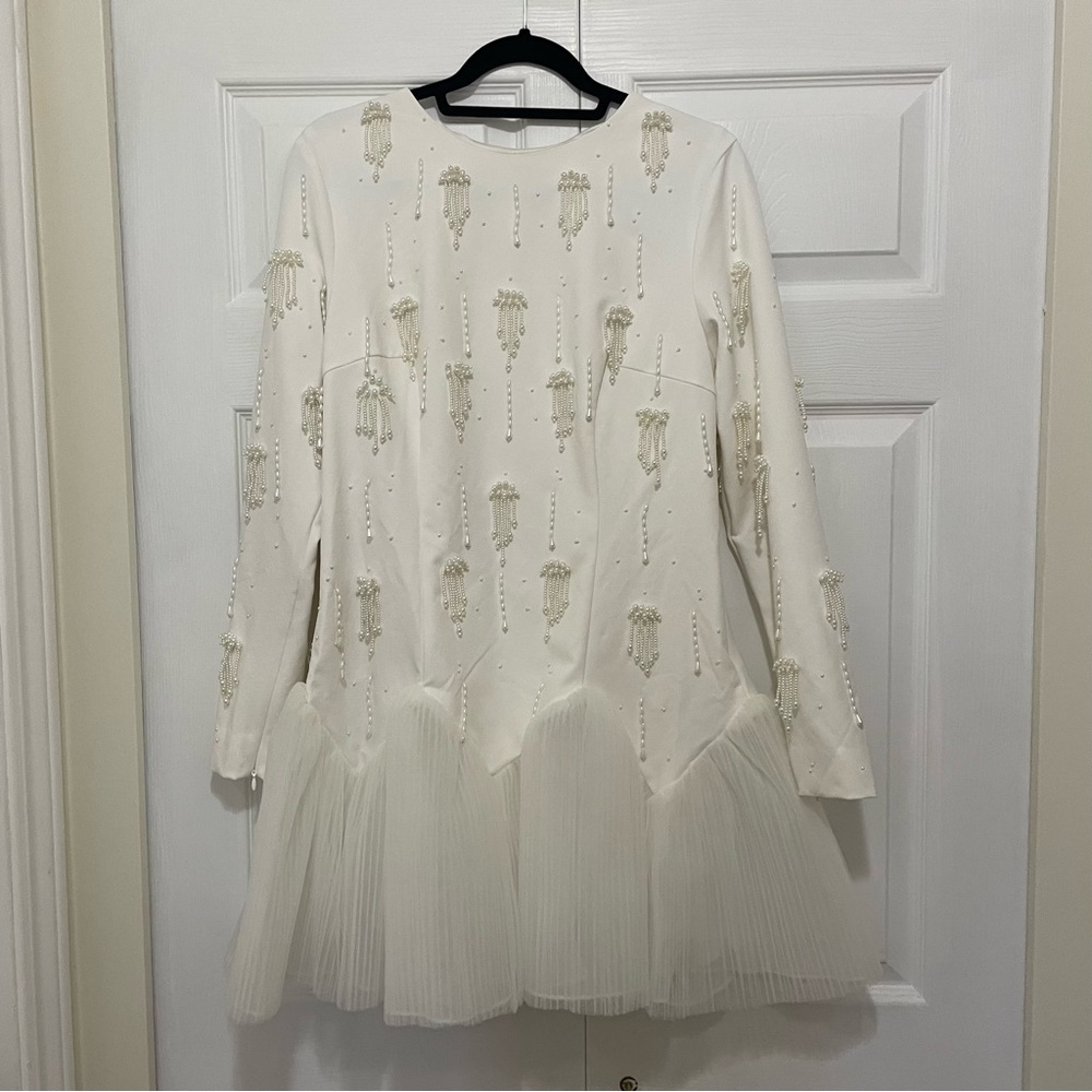 BHLDN White Long Sleeve Dress with Beaded Pearl Accents - Picture 3 of 8